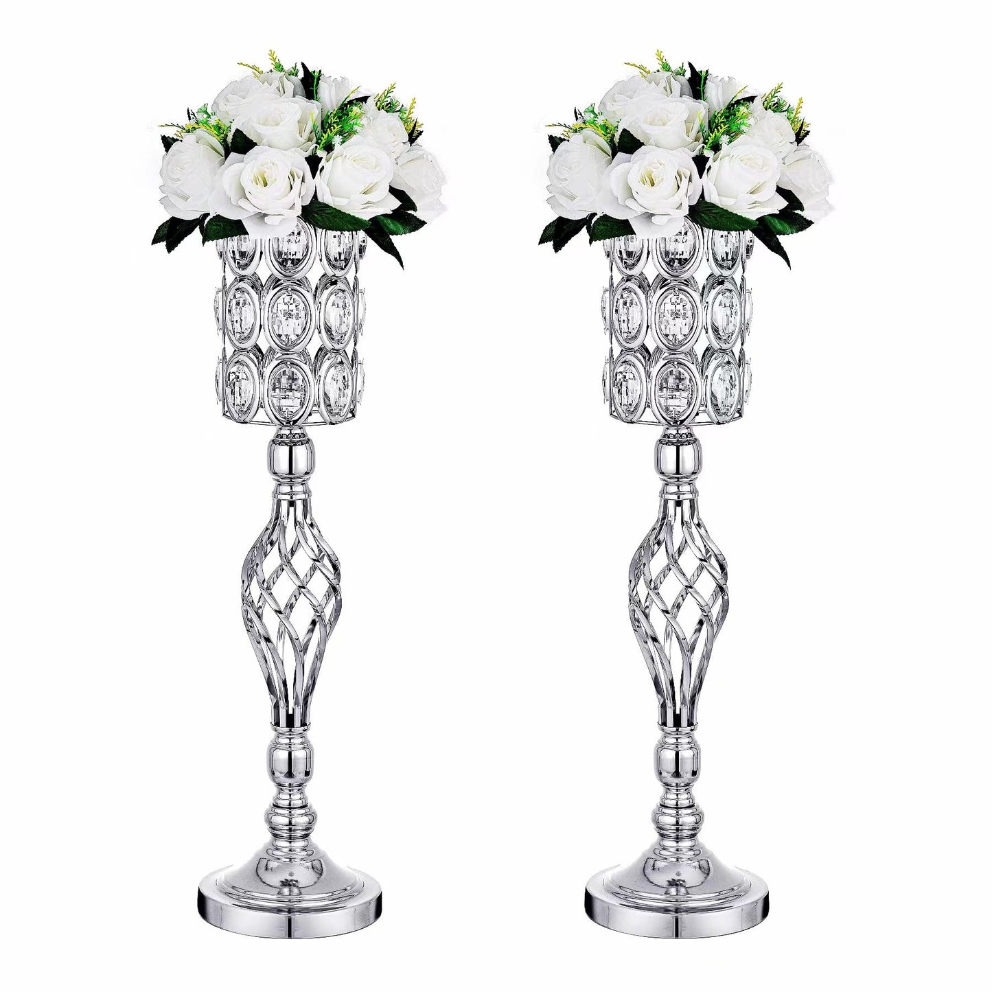 Crystal Wedding Centerpiece Vases for Tables - Set of 2 Metal Silver Vases, 24in Tall Versatile Flower Holders, Elegant Flower Stands for Centerpieces Wedding Party Reception Christmas Home Decor