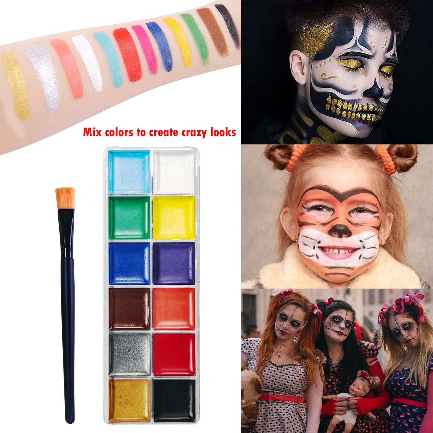 Professional Halloween SFX Special Effects Makeup Kits, Fake Blood, Scab Coagulated Blood Gel, 12 Colors Face Body Paint, Wound Modeling Scar Wax With Spatula Tool, Brushes, Stipple Sponge, Adhesive