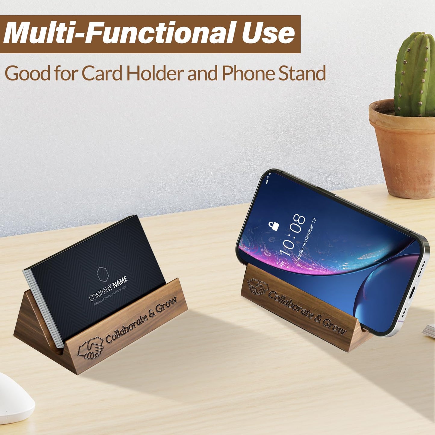 HJX Personalized Business Card Holder Desk - Wood Business Card Case Holder,Engraved Collaborate & Grow Business Card Display Gifts for Men Women (Walnut-T) (Walnut-A)