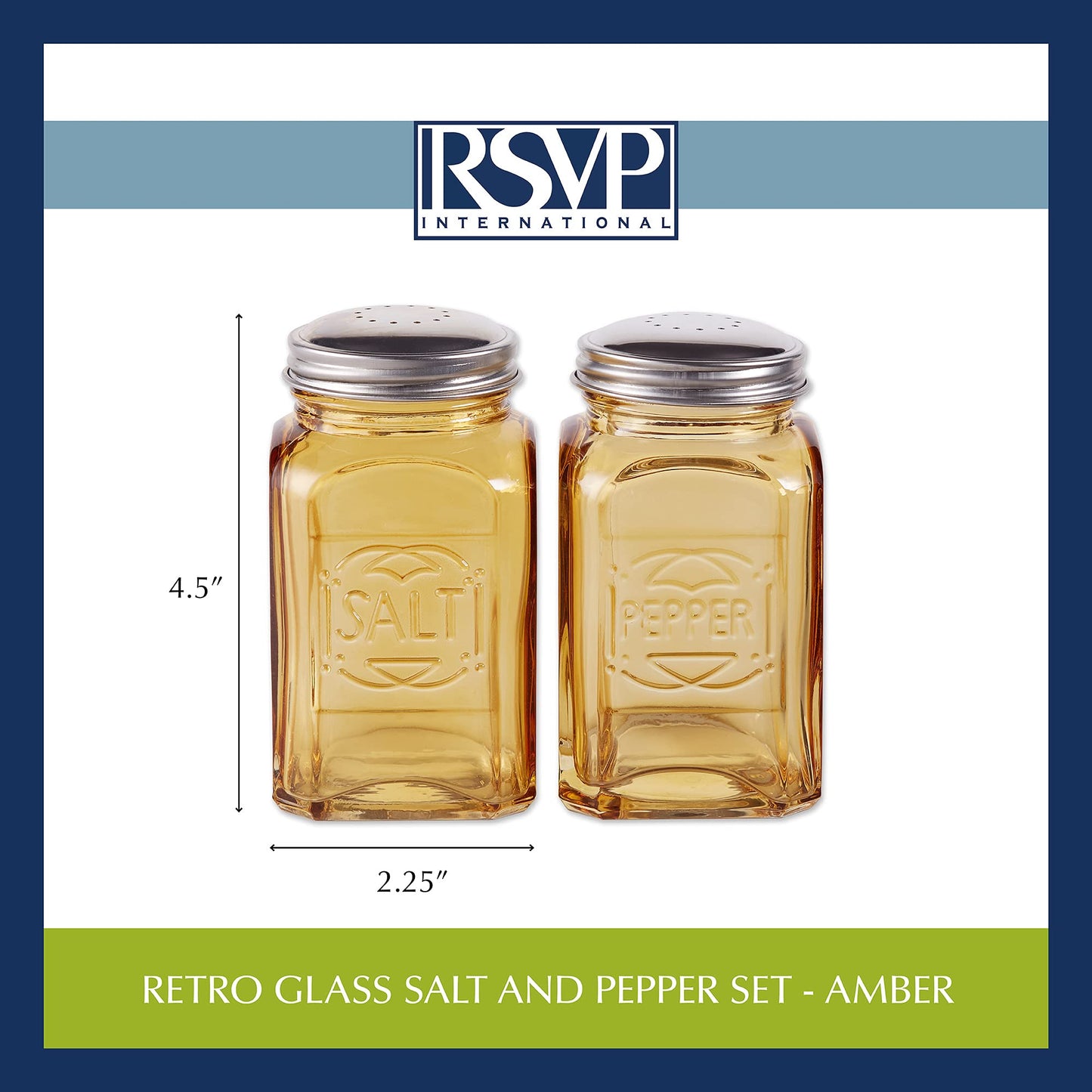 RSVP International Jumbo Retro Glass Salt & Pepper Shaker, Screw On Stainless Steel Lid, Each Shaker Holds 8 Ounces, Amber, 2.25x2.25x4.3, 2 Piece