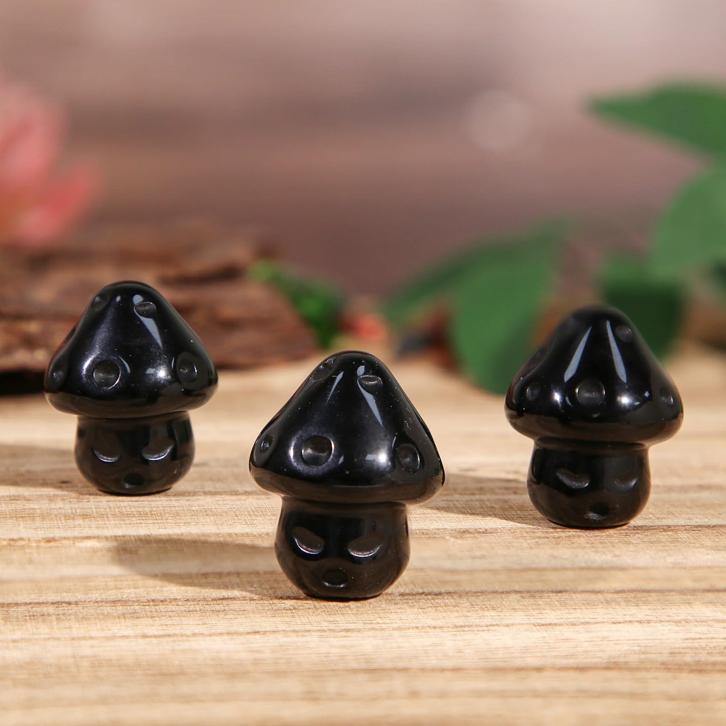 mookaitedecor Set of 2 Black Obsidian Crystal Mushroom Sculpture Hand Carved Mini Mushrooms Statue Figurine Pocket Stone for Healing Reiki Balancing Home Decor,1.14 inch