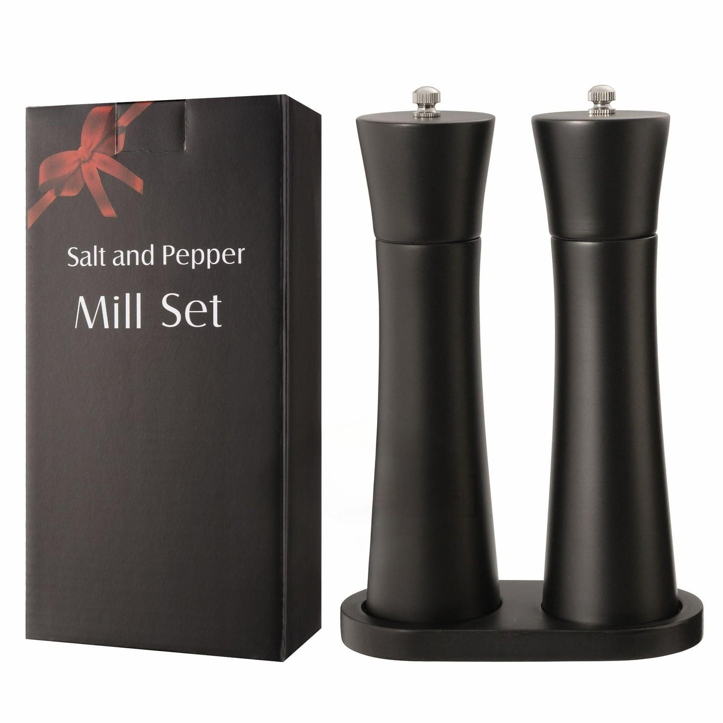 Black Salt and Pepper Mill Set with Stand, 8.5 inch, Matte Black Grinders, Adjustable Ceramic Mechanism