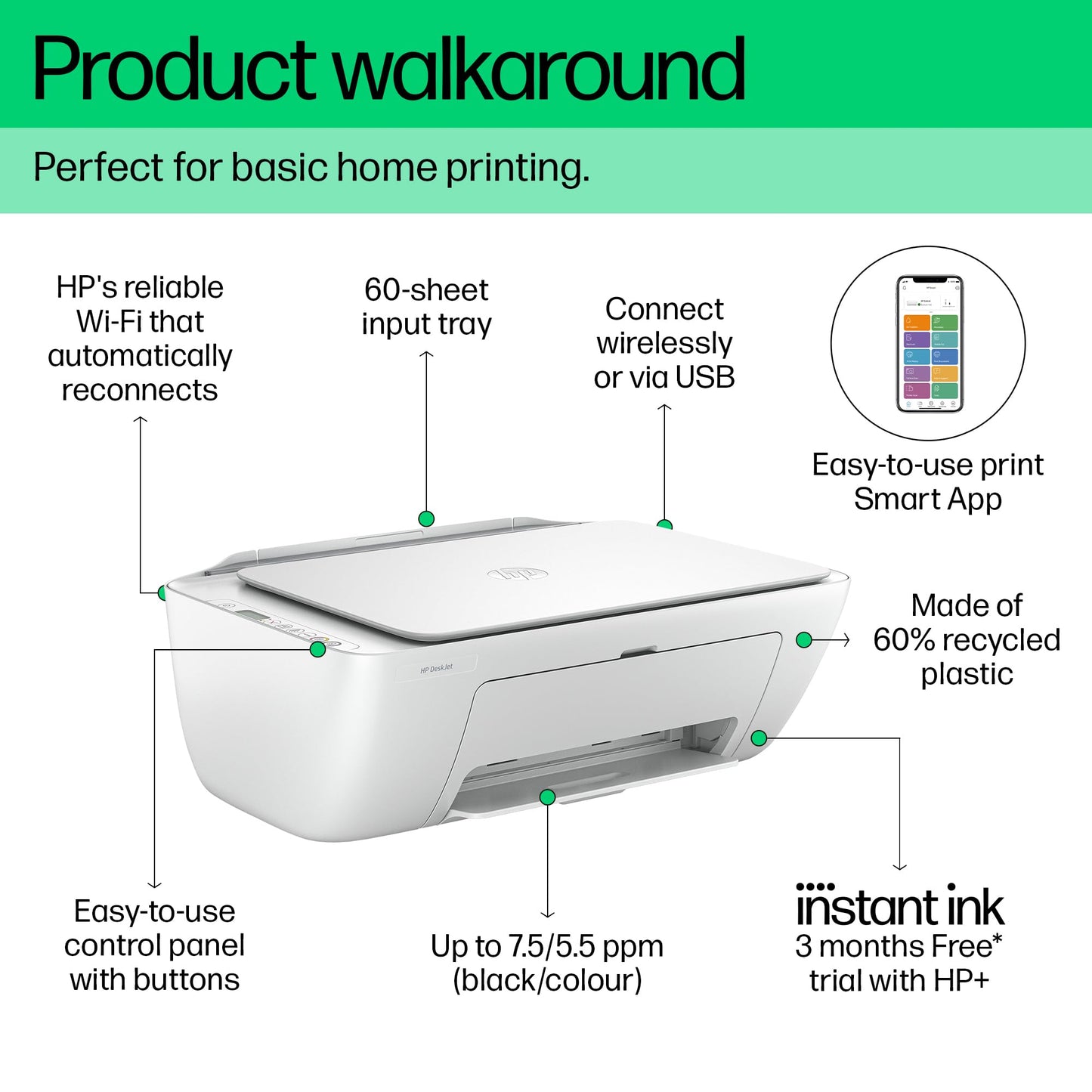 HP DeskJet 2810e All in One Printer | Perfect for Home | Colour | Wireless | Print, Scan & Copy | 3 Months of Instant Ink included Easy Setup & Reliable Wi-Fi | White