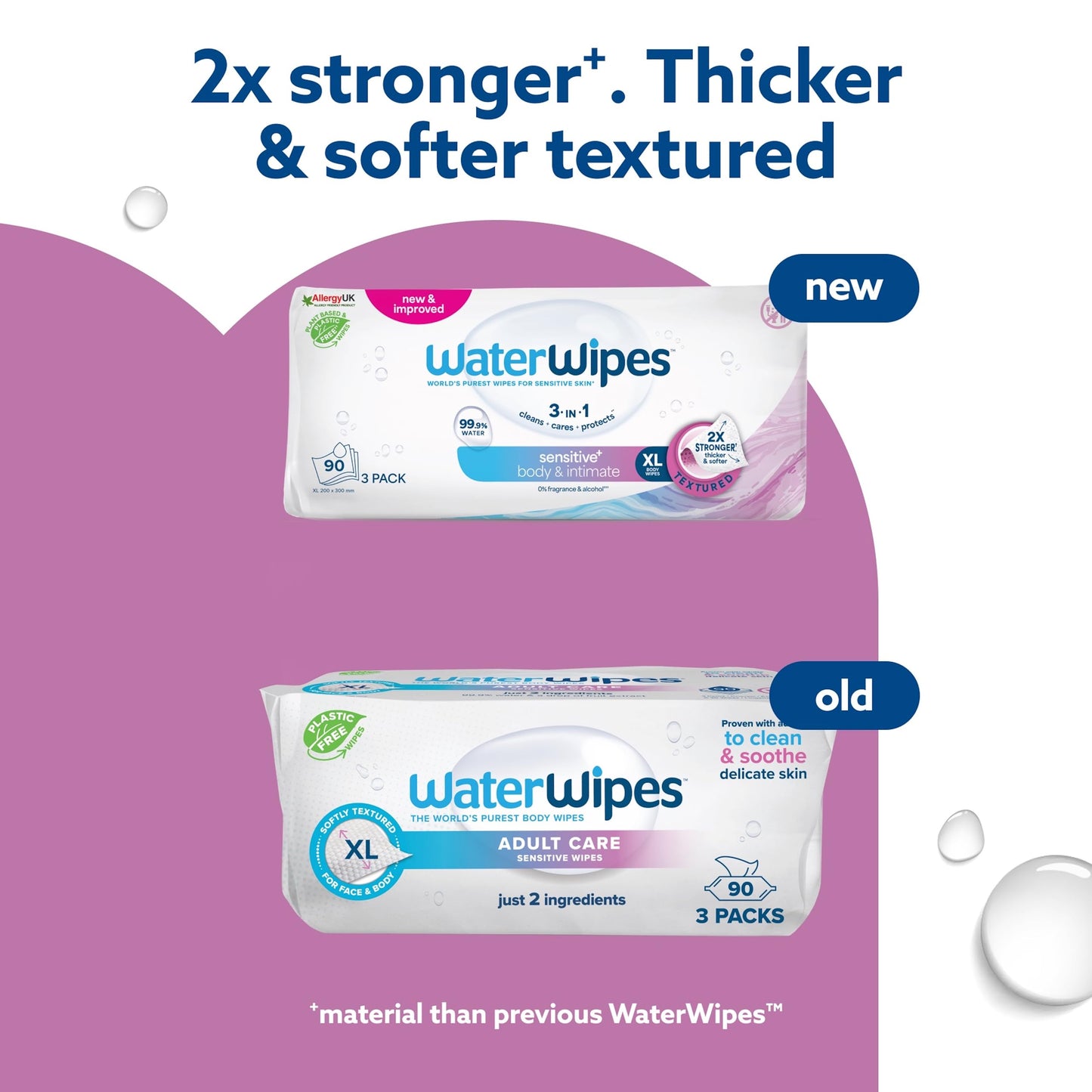 WaterWipes Sensitive+ Body & Intimate Wipes, 90 Wipes (3 Packs), 3-In-1 Cleans, Cares, Protects, 99.9% Water, Unscented & Hygiene Wet Wipes, Adult Care