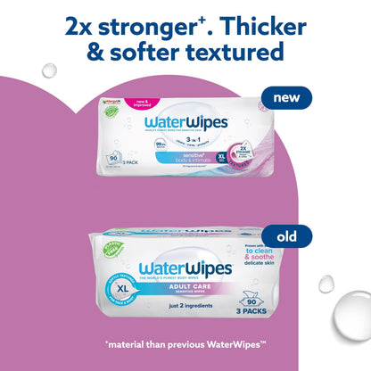 WaterWipes Sensitive+ Body & Intimate Wipes, 90 Wipes (3 Packs), 3-In-1 Cleans, Cares, Protects, 99.9% Water, Unscented & Hygiene Wet Wipes, Adult Care