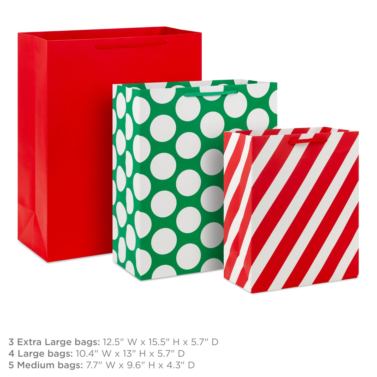 Hallmark Red, Green and White Bulk Gift Bags Assortment (12 Bags: 5 Medium 9", 4 Large 13", 3 Extra Large 15") Stripes, Polka Dots, Solids for Christmas, Birthdays, Holidays