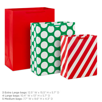 Hallmark Red, Green and White Bulk Gift Bags Assortment (12 Bags: 5 Medium 9", 4 Large 13", 3 Extra Large 15") Stripes, Polka Dots, Solids for Christmas, Birthdays, Holidays