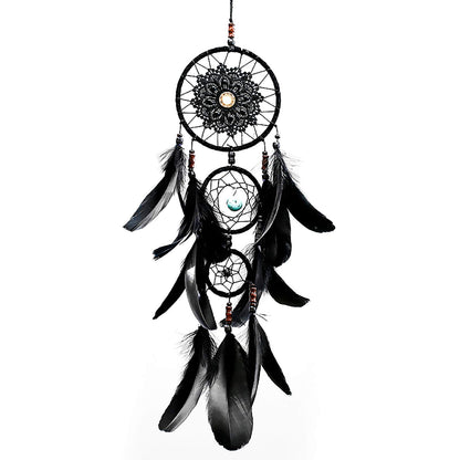 Pretty Jolly Black Gothic Dream Catcher Wall Decor Handmade Woven Feather Macrame Dream Catchers Wall Hanging for Bedroom,Living Room,Wedding Party,Home Decor-Black 3 Rings 22.4"