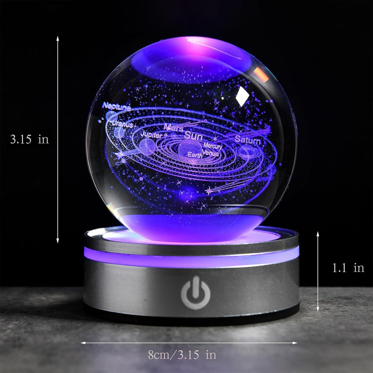 QIANCHANG Solar System 3D Crystal Ball with LED Stand, 80mm Galaxy Model Decor Glass Sphere Lamp Night Light, Space Universe Astronomy Gifts for Women Men Mom Kids