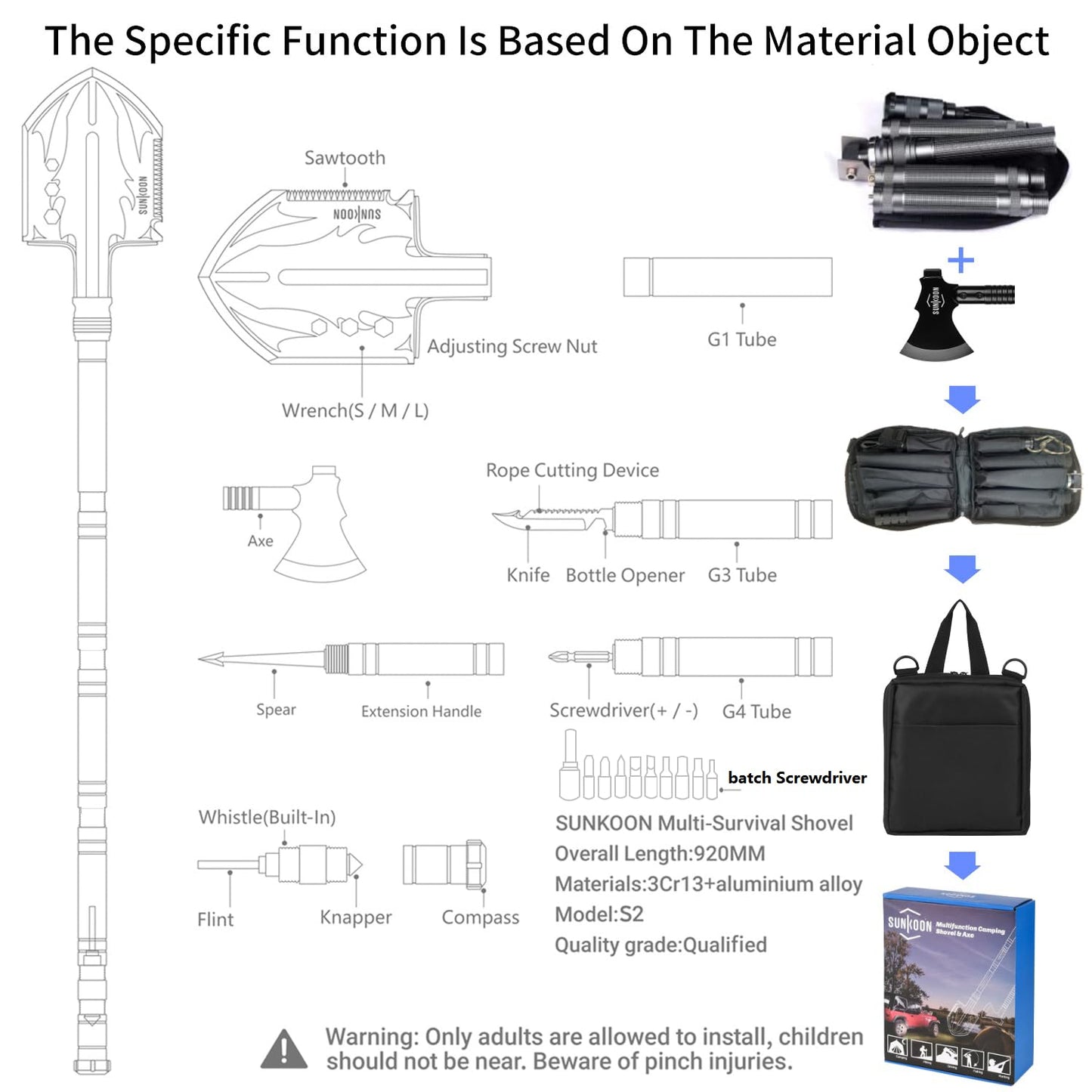 Sunkoon Survival Shovel Survival Axe, Camping Folding Shovels Hatchet with 19.2-37.8inch Lengthened Handle Enlarged Shovelhead High Carbon Steel with Storage Pouch for Camping Cycling Hiking