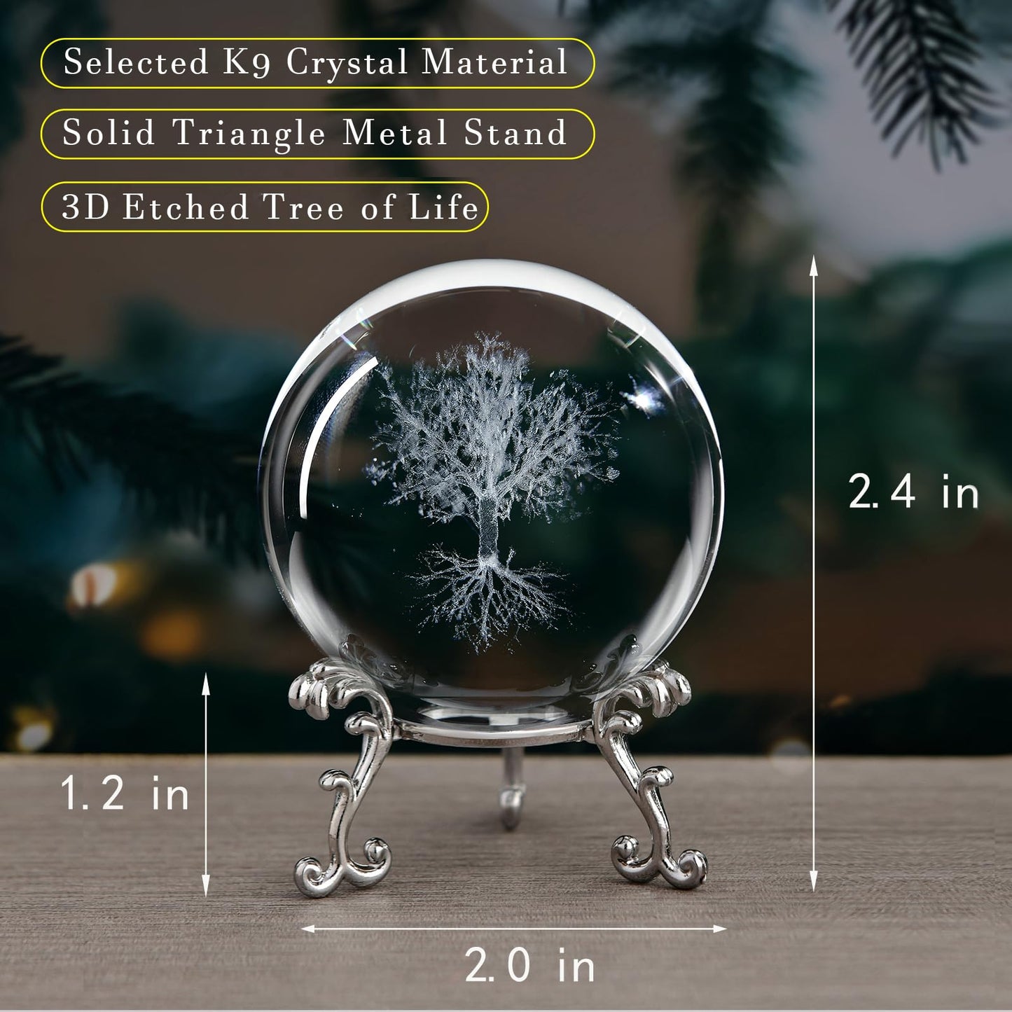 Tree of Life Crystal Ball with Stand, 60mm 3D Laser Engraved Glass Sphere Decorative Balls Paperweight Gifts for Women Mom Kids