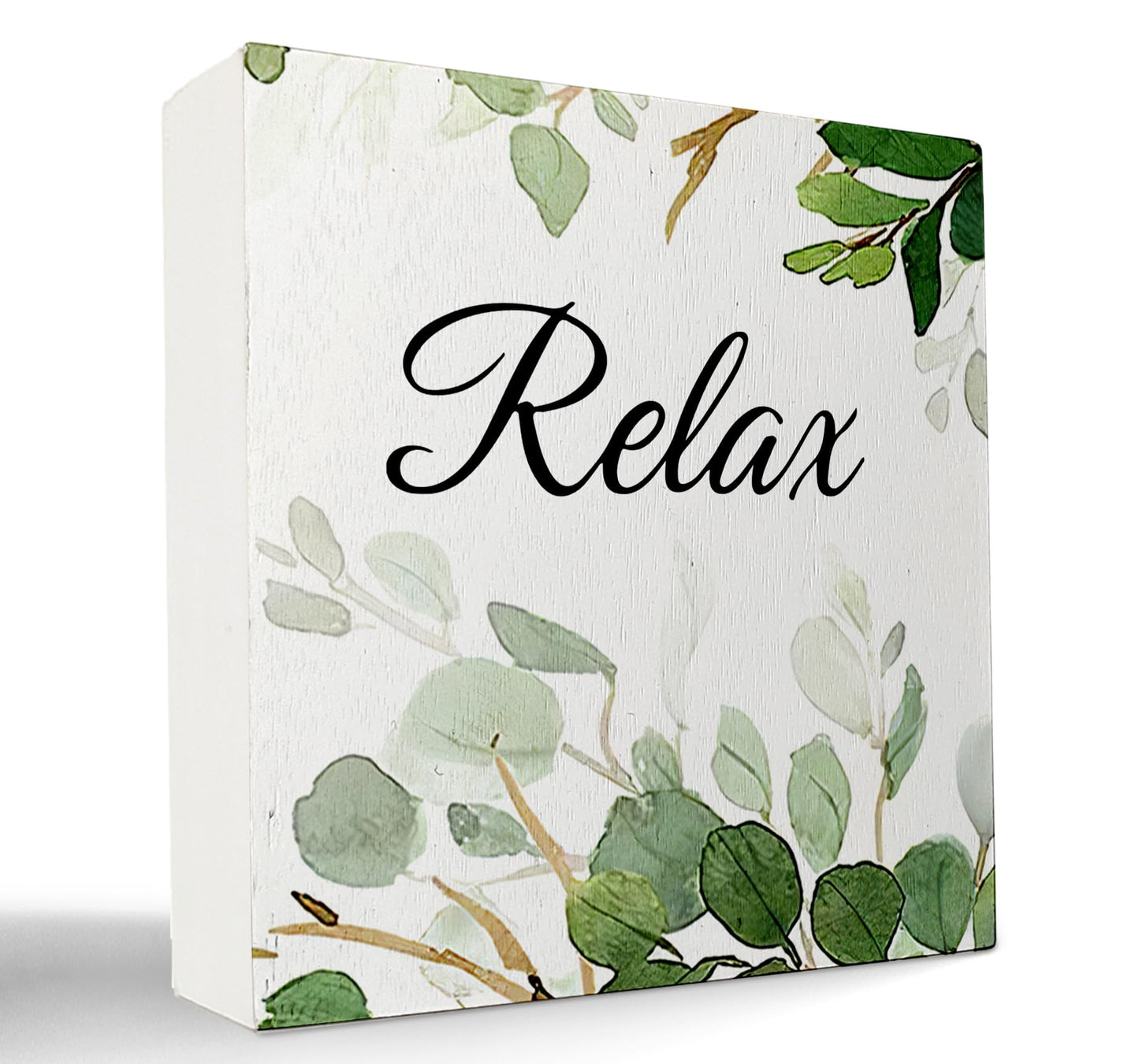Kunlisa Relax Sage Green Wooden Box Sign, 5x5x1.18 inches, Modern Classic, Flower Theme, Tabletop, Decorative Sign for Bathroom, Workspace