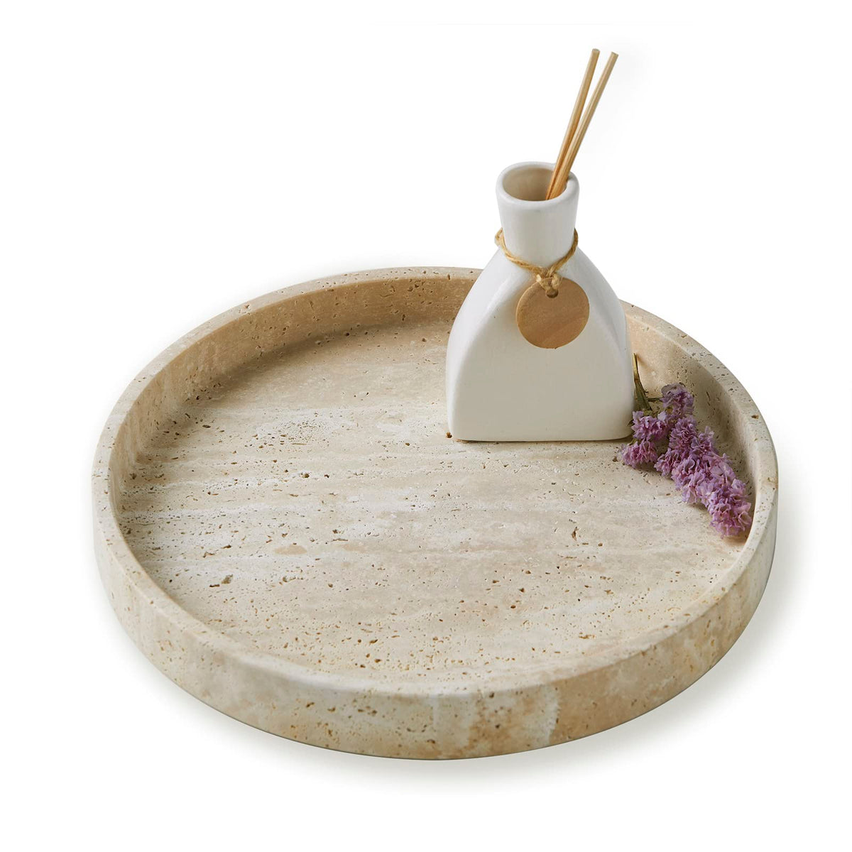 PHINILUX Travertine Marble Vanity Tray, Round Ottoman Tray Minimalist Modern Decorative & Fruit Serving Plate for Bathroom, Kitchen, Nightstand, Coffee Table Decor, Jewelry Ring Dish Holder, Beige