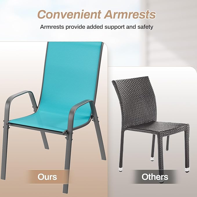 TLSUNNY Patio Chairs, Stackable Textilene Outdoor Dining Furniture for All Weather, with 17.7″ Wide Seat & Metal Frame, for Garden, Backyard, Deck, Restaurant, Poolside (8, Turquoise Blue, 26.4″)