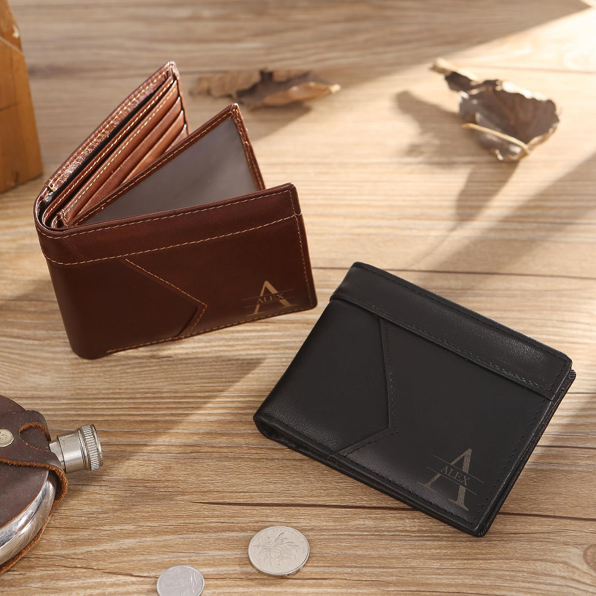 JISHANGXY Personalized RFID Leather Wallet for Dad – Custom Name & Initial Bifold – First Layer Cowhide with Gift Box – Father’s Day, Birthday, Christmas Gift from Son Daughter (Browse)