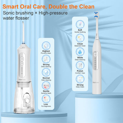 H2ofloss Sonic Electric Toothbrush and Water Flosser Combo, Rechargeable 2000mAh Toothbrush and 2500mAh Oral Irrigator with 300ml Tank, 4 Brush Heads, 5 Nozzles, 2 in 1 for Home and Travel (Black)