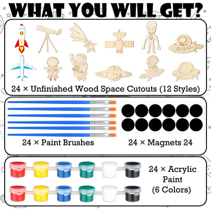 JellyArch 24 Pcs Unfinished Wood Cutouts Space Paint Kit Set and DIY Crafts for Classroom School Birthday Gifts Paint Your Own Painting Bulk Kits and Crafts