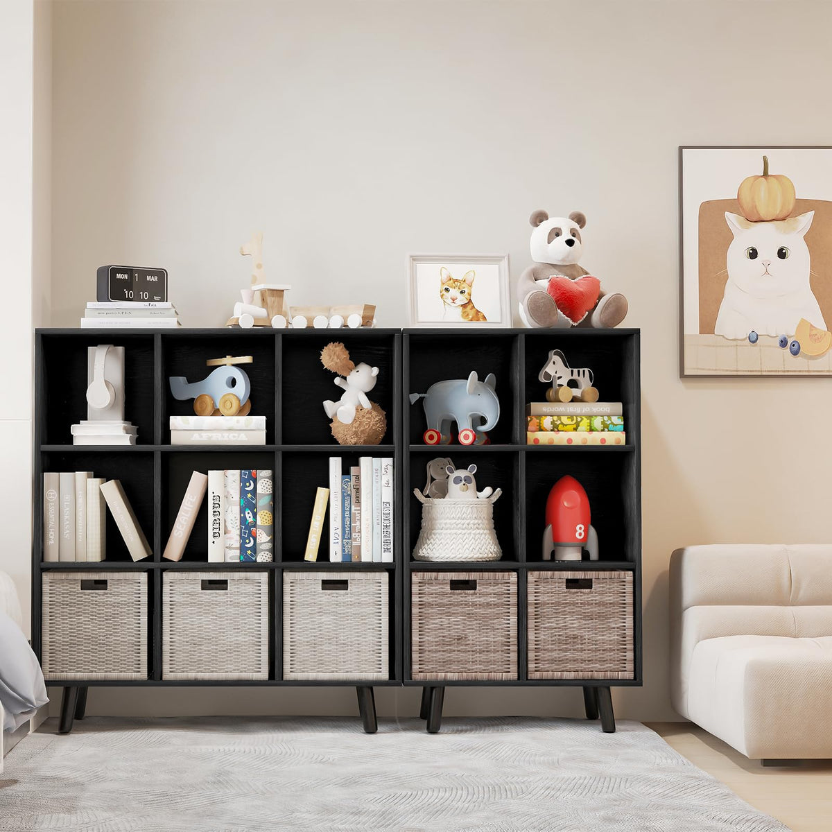 ELYUP 6-Cube Open Shelf Bookcase - 3-Tier Wooden Floor-Standing Bookshelf with Legs and Backpanel, Ideal for 11-inch Fabric Storage Bins and Miscellaneous Organizer, Black