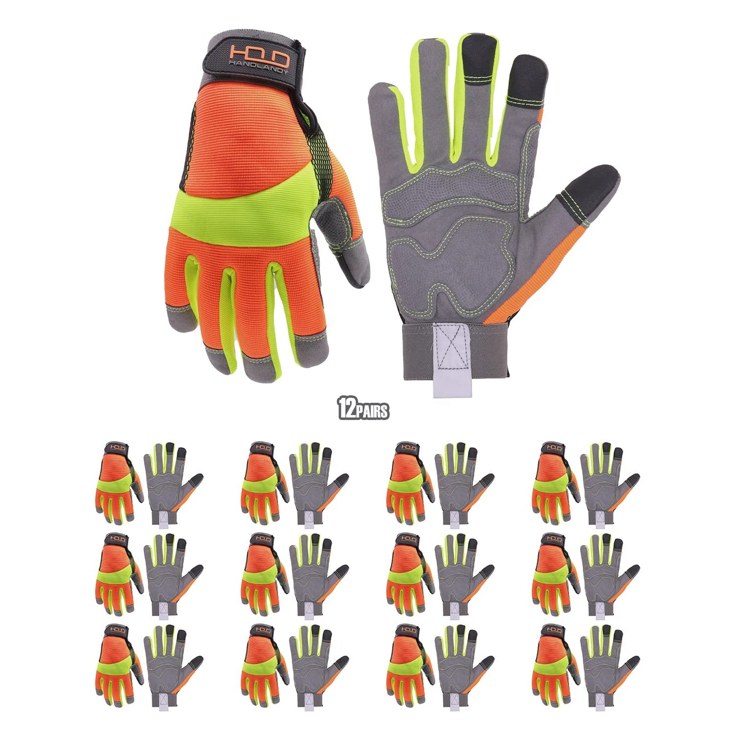 HANDLANDY Hi-vis Reflective Work Gloves Bulk, Pack of 12 Pairs Anti Vibration Safety Gloves for Men Women, Touch Screen (XX-Large, 12 pairs Hi-vis Yellow)