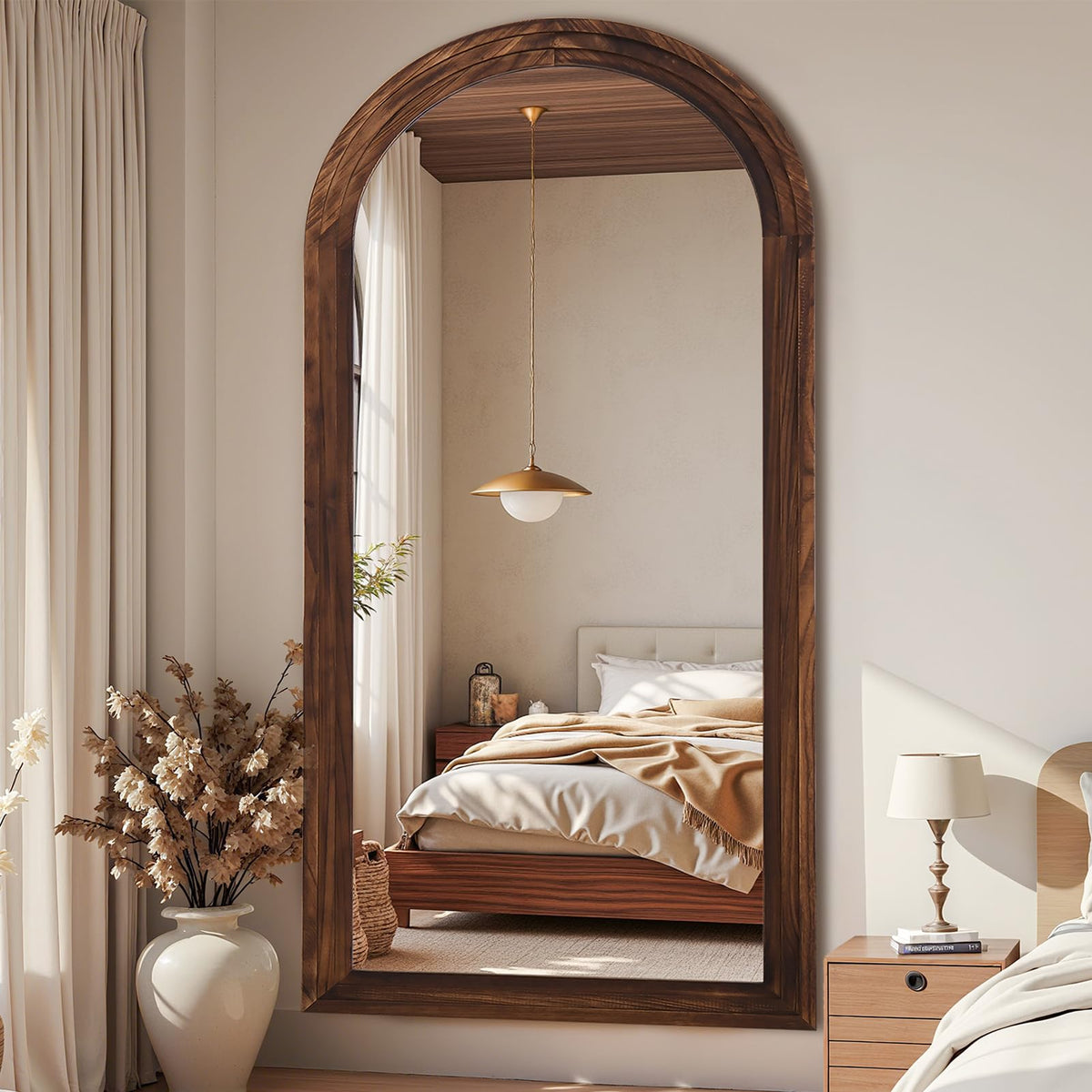 Antok Full Length Mirror with Solid Wood Frame, 76"×34" Wall Mounted Oversized Floor Mirror with Stand, Leaning Standing Hanging for Bedroom Living Room Entryway, Walnut, Arched Syle