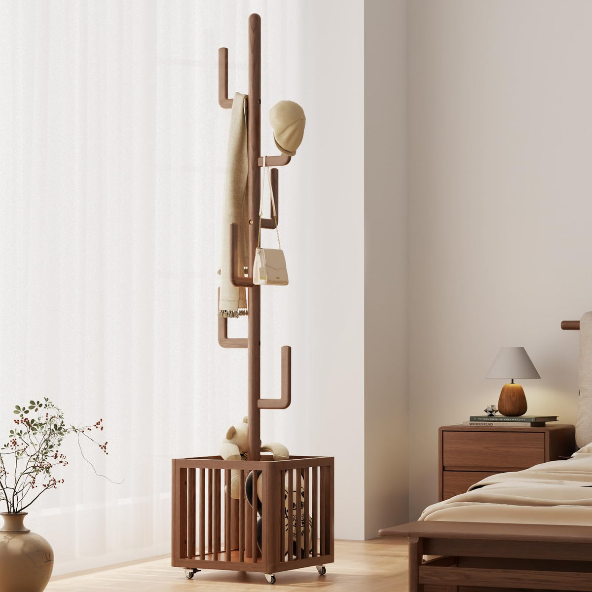 YQJJGL Solid Wood Cactus Coat Rack, Freestanding Coat Rack with 6 L-Shaped Hooks and Storage Basket, for Coats, Hats, Handbags, Coat Tree for Entryway, Bedroom, Living Room, Walnut