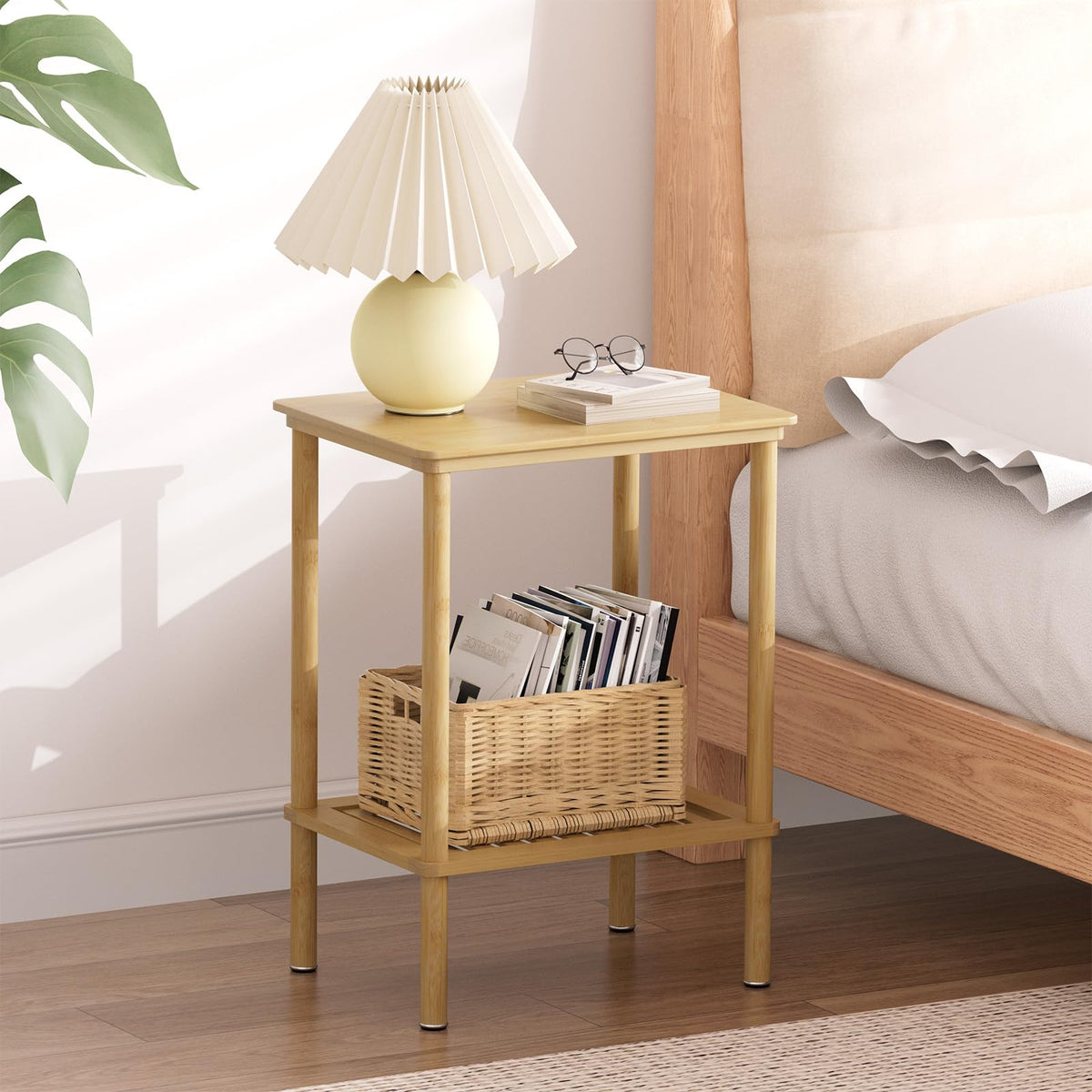 Atoping 2 Tier Bamboo End Table, Narrow Side Table with Adjustable Feet, Waterproof Small Bedside Table, Nightstand, Entryway Table for Living Room Bedroom Bathroom, No Tool Assembly, 66LBS Capacity