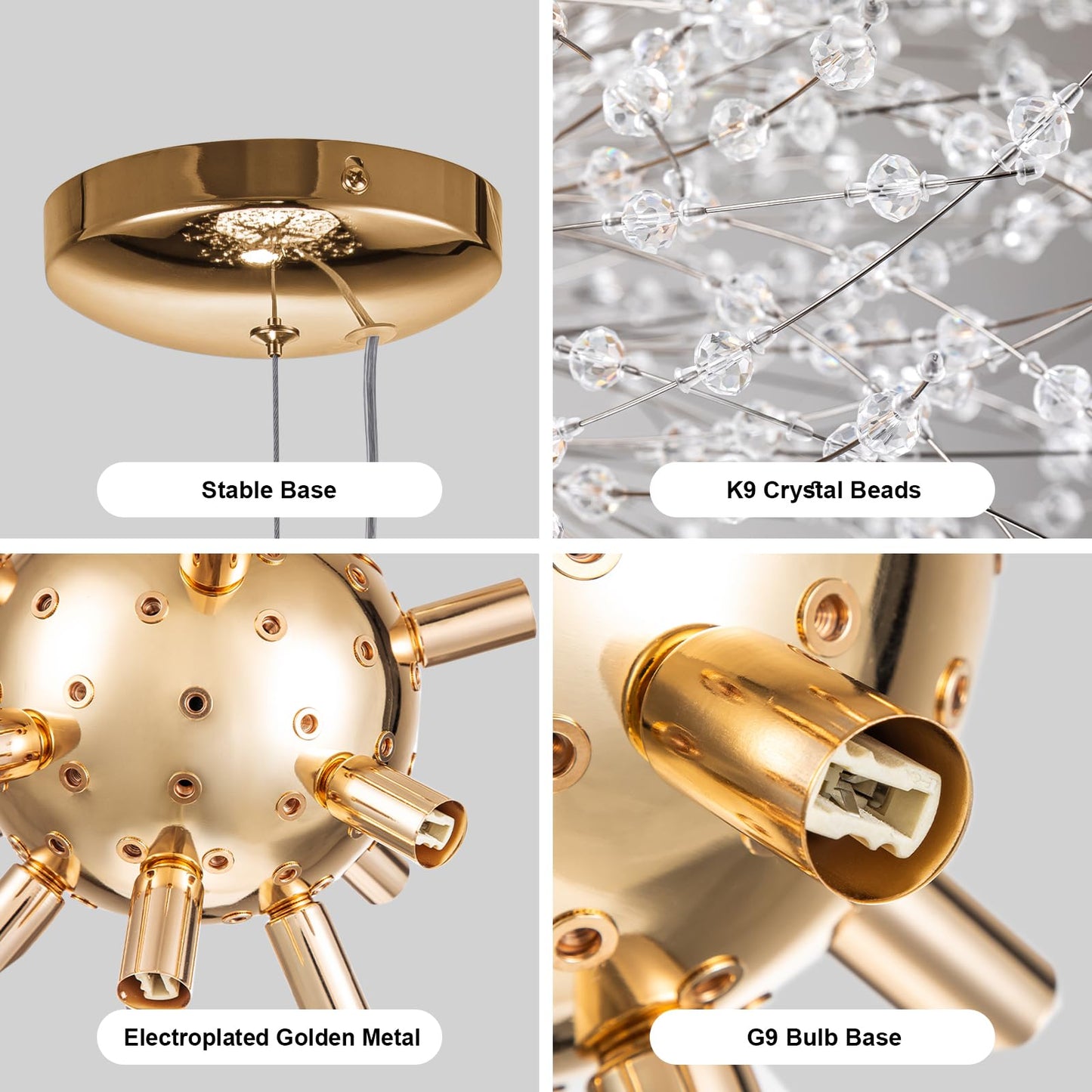AMZERA 8-Light Gold Dandelion Chandeliers Crystal Modern Firework Lighting Fixtures for Dining Room Kitchen Foyer Entryway Bedroom Hallway Bar