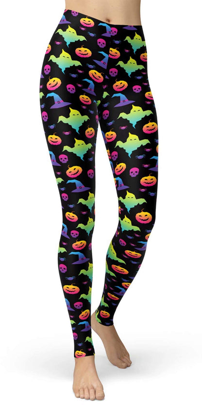sissycos Women's 80s Leggings Artistic Splash Printed Buttery Soft Stretchy Pants (Small, Rainbow Halloween)