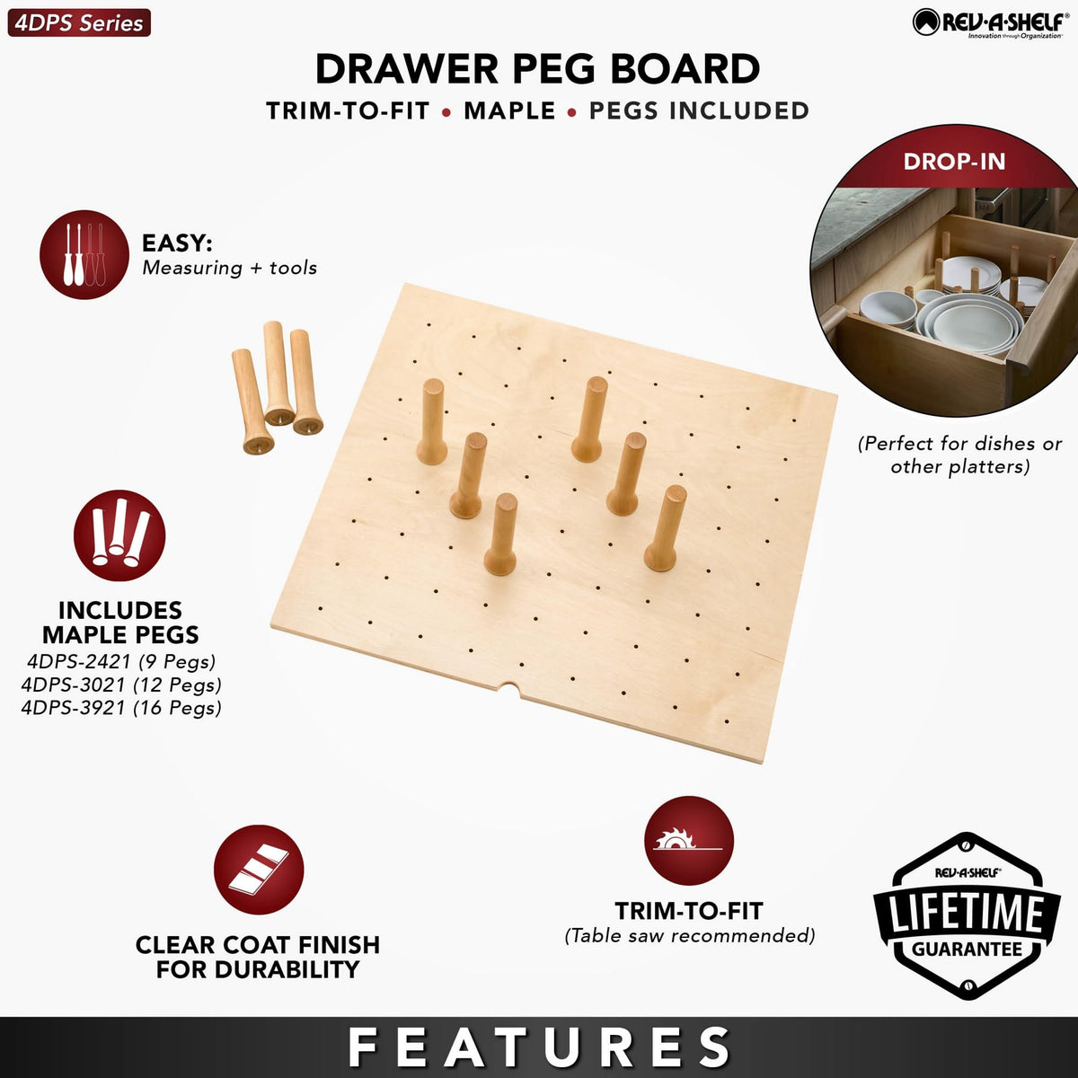 Rev-A-Shelf Trimmable Pegboard Drawer Divider Organizer, Trim to Custom Fit Wooden Kitchen Cabinet Storage Utensil, Pots & Dish Rack, 30" x 21", 4DPS-3021