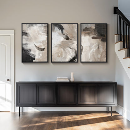 Large Framed Neutral Abstract Wall Art for Living Room, 3 Piece Modern Canvas Prints Paintings Artwork for Walls, Black Beige Brown Neutral Tone Pictures for Hallway Bedroom Office Wall Decor 24x36 In