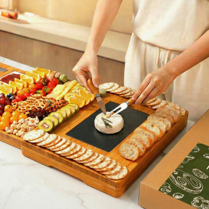 Extra Large 33.7x15.7 inch Charcuterie Boards Gift Set, 100% Bamboo Cheese Board and Knife Set, Cool Meat Cheese Platter Tray, House Warming Gifts New Home, Ideas for Women Mom, Carbonized Bamboo