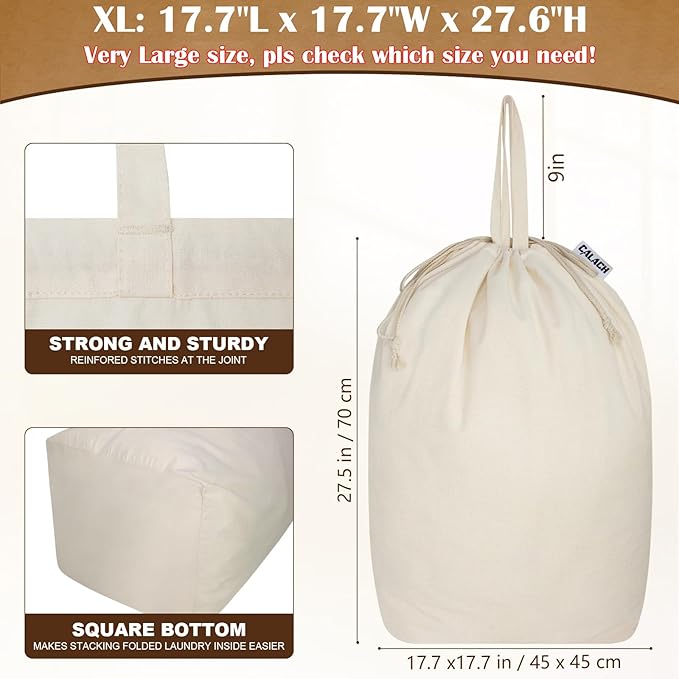 Canvas Laundry Bags with Handles & Square Base18"Lx18"Wx27.6"H, Extra Large