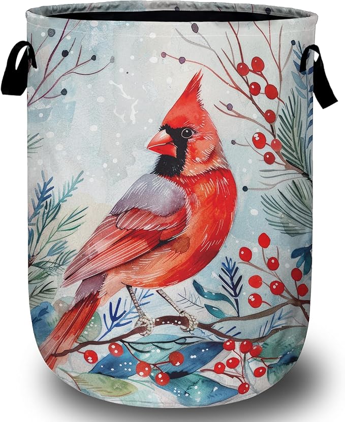 Watercolor Red Bird Laundry Basket, Foldable Winter Cardinal Laundry Hamper