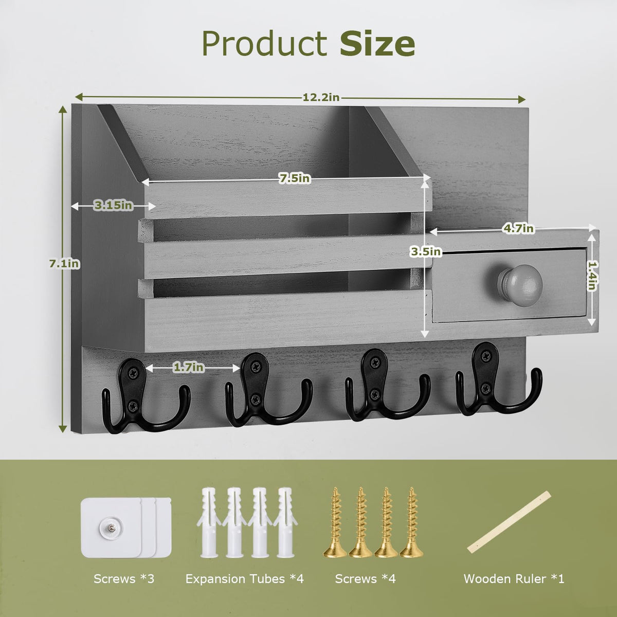 HOMEBROS Key Holder Wall Mount, Wooden Adhesive Mail and Key Organizer with Drawer, Small Shelf, 8 Hooks, 2 Installation Methods, Gray