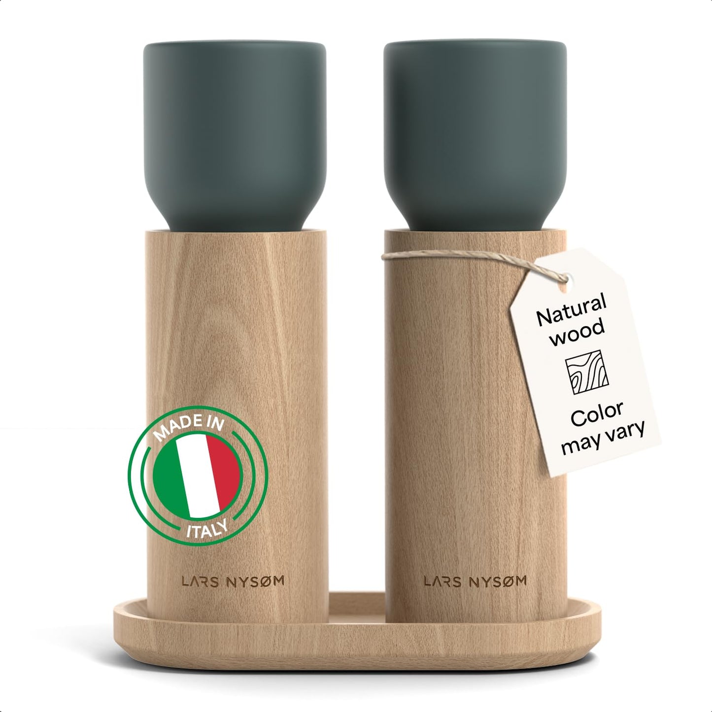 LARS NYSØM Wooden Salt and Pepper Grinder Set Manual with Tray - Salt and Pepper Mills with Adjustable Ceramic Grinder - Elegant Beechwood Pepper and Salt Mill Set for Dining Table (Stone Blue)