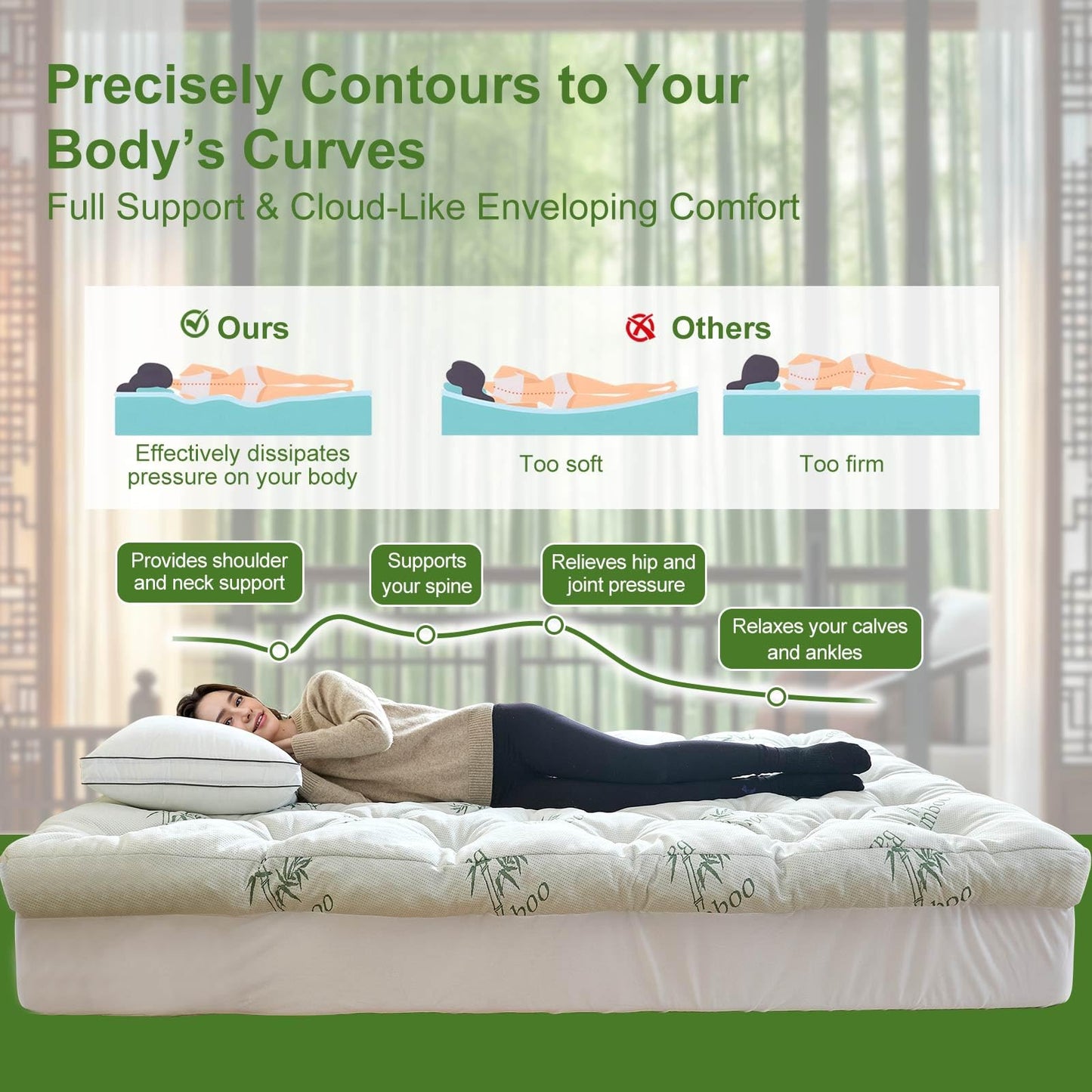 Whatsbedding Memory Foam Mattress Topper Twin Size, 5 Inches Slow Rebound Memory Foam Topper with Cooling Viscose Made from Bamboo Cover, Deep Pocket Designed Mattress Topper