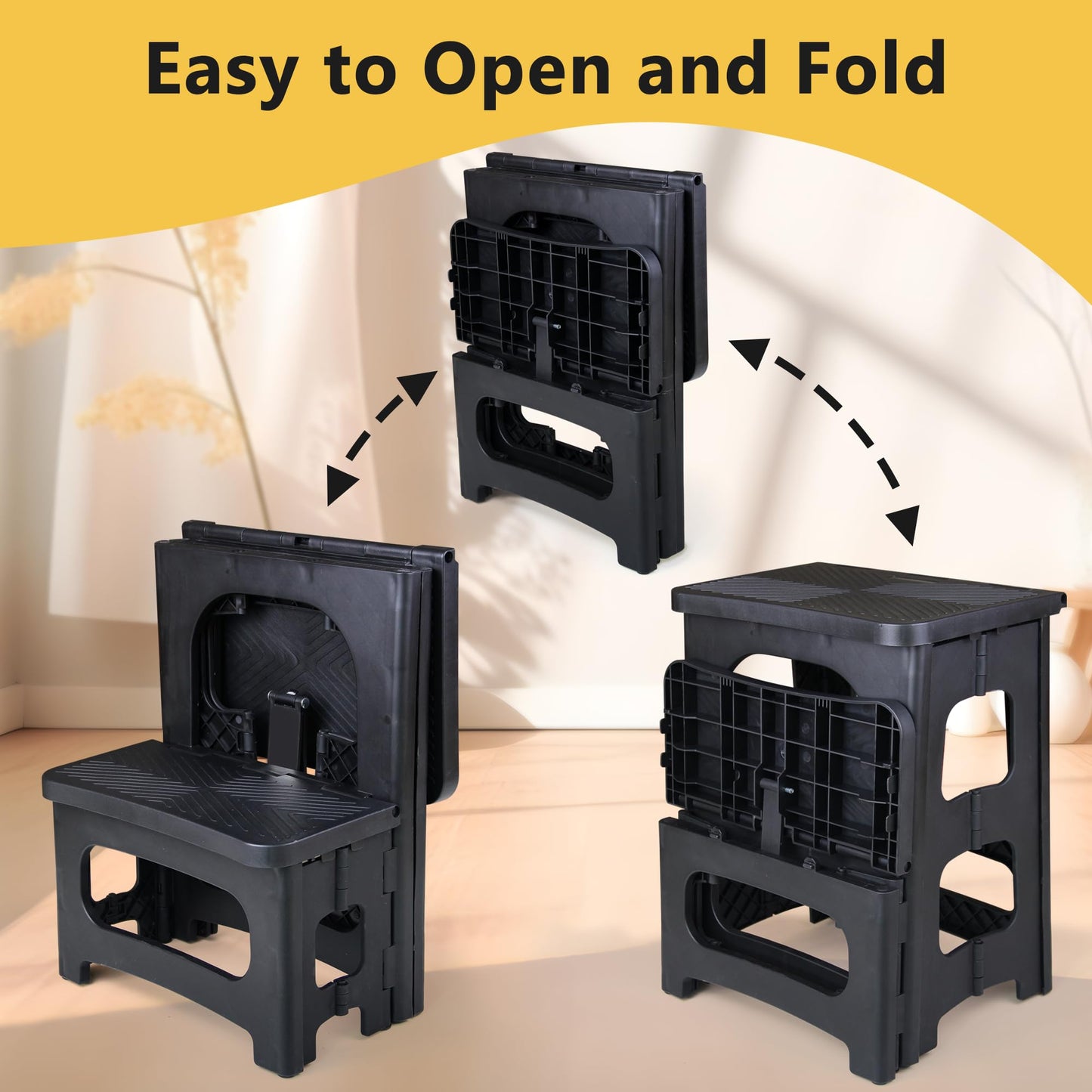 AMOISE Amoise Folding 2-Step Stool, Non-Slip Portable Footstool 8'' & 17'' Dual Heights, Holds 300 lbs, Portable Footstool for Kitchen Home Toilet Bedroom Office Bathroom RV(Black)