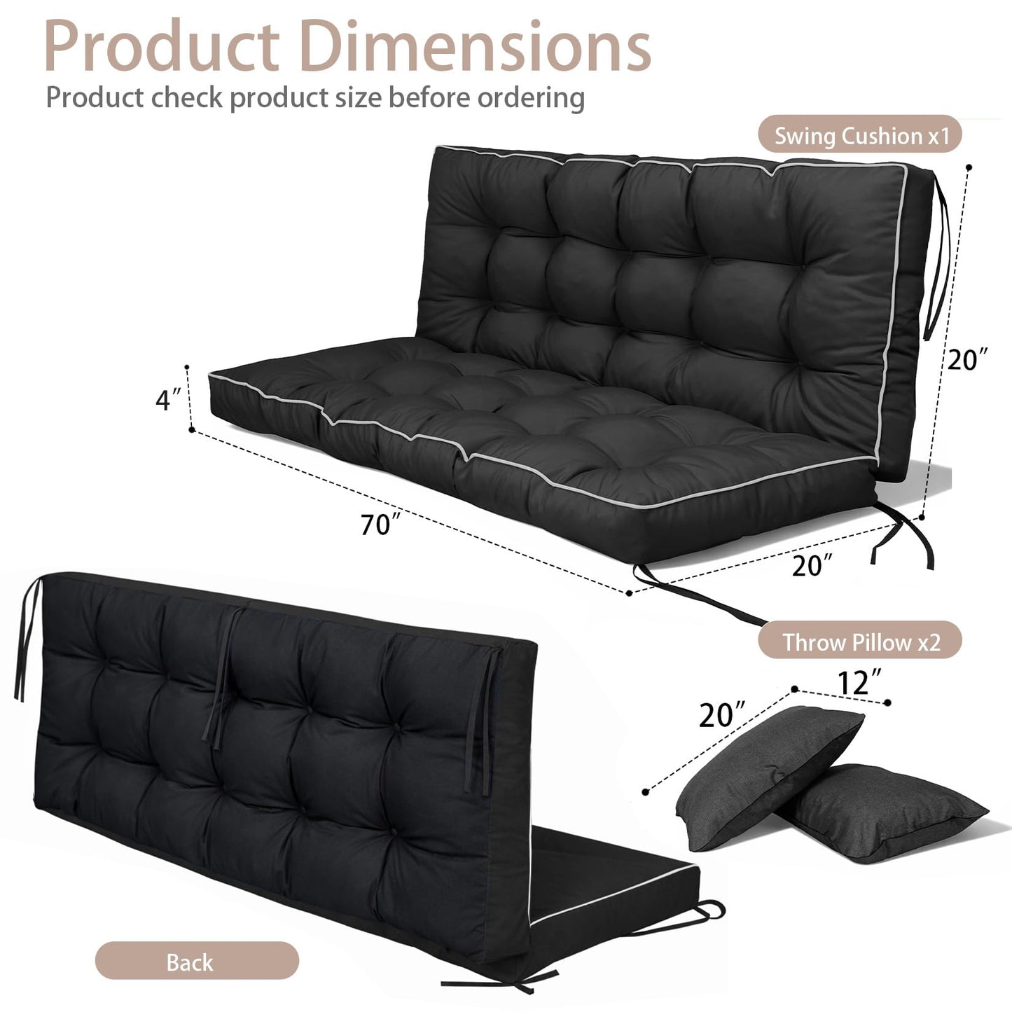 Kerkrot Porch Swing Cushions, Waterproof & Fade Resistant Outdoor Swing Cushion 70 Inch, Swing Cushions 3 Seater Replacement for Outdoor Furniture, Patio, Garden (Black, 70 x 40 inch)
