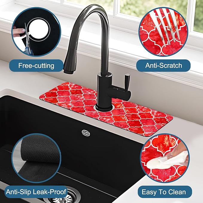 Watercolor Moroccan Marbled Kitchen Sink Splash Guard Faucet Mat Red Tiles