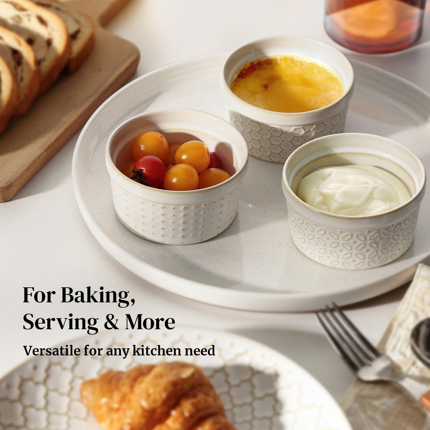 Dowan Ramekins 4 oz Oven Safe Set of 6, Arctic White Porcelain Baking Bowls and Ceramic Condiment Cups for Creme Brulee, Souffle, Pudding, Custard, Dipping Sauce and Small Charcuterie Boards