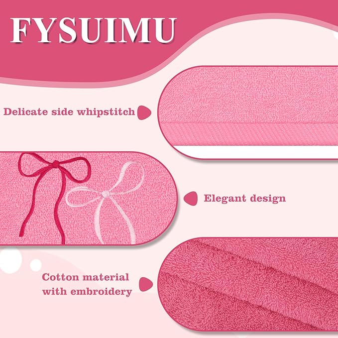 3Pcs Pink Bow Hand Towels Coquette Cotton Embroidered Decorative Towels