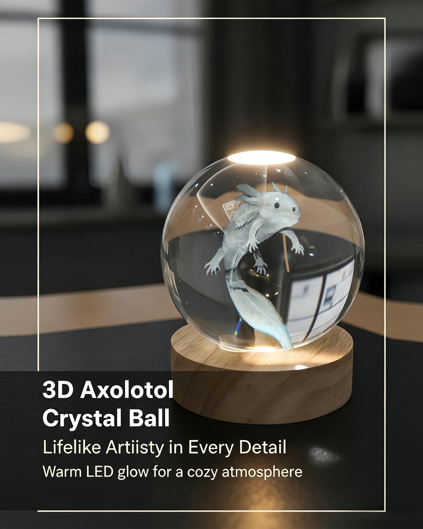 DTZDTA 3D Axolotl Night Light 3.15" Solid K9 Crystal Ball Lamp