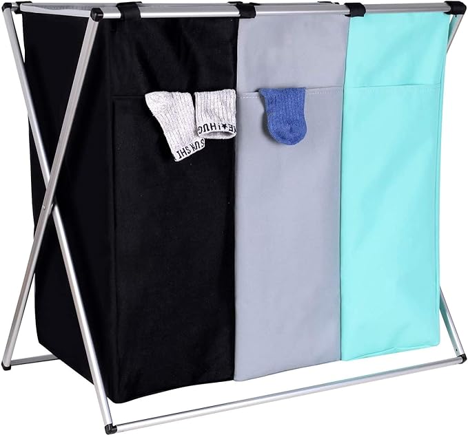 135L Laundry Cloth Hamper Sorter Basket Bin Foldable 3 Sections