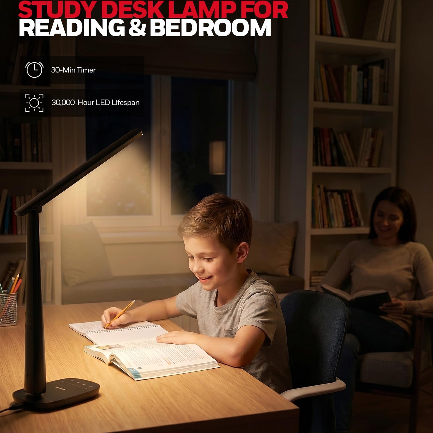 Honeywell LED Desk Lamp for Home Office, Eye-Caring Dimmable Reading Light with 4 Color Modes, Touch Control, USB-A & USB-C Charging Ports, Adjustable Head, Timer for Bedroom & Small Desks