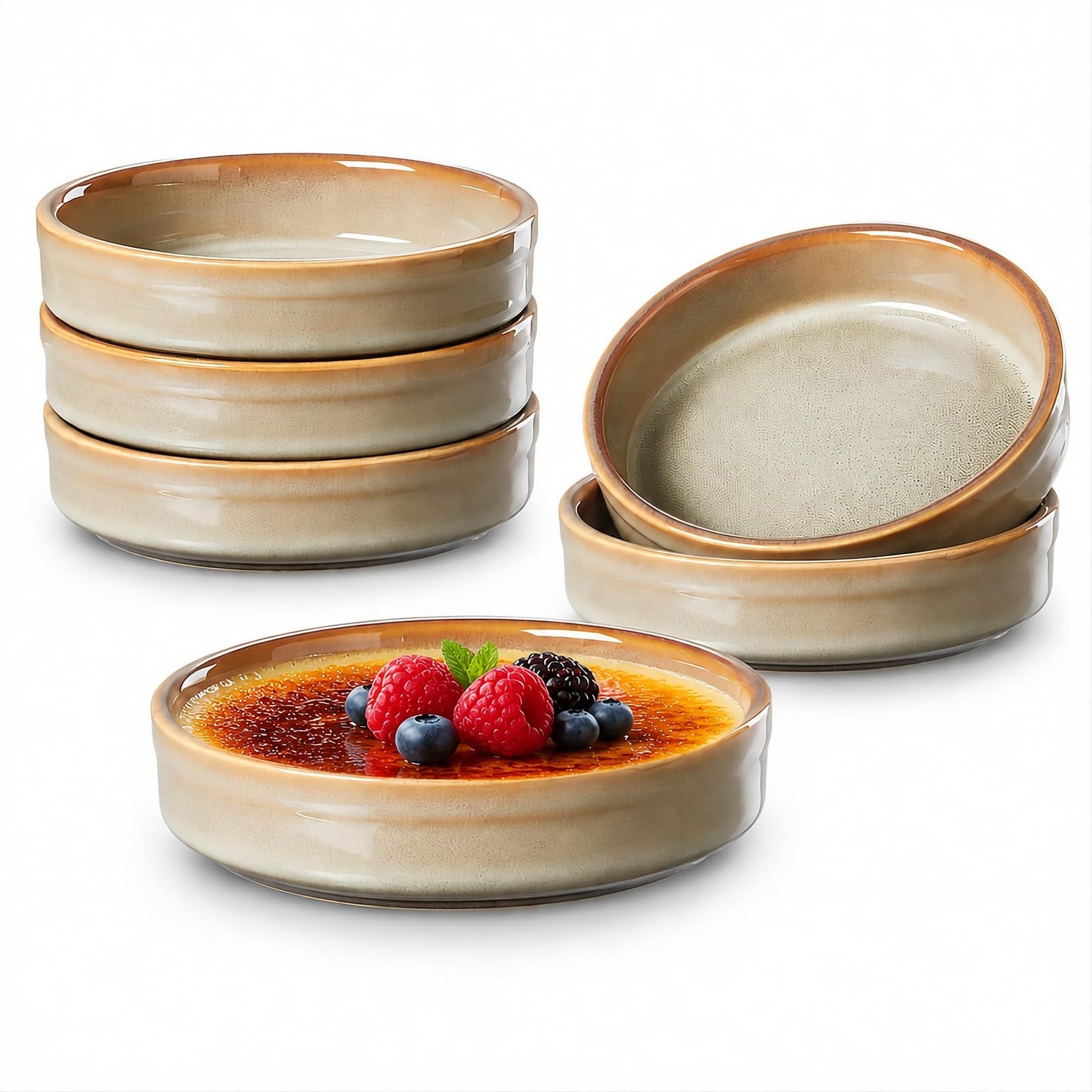 ONEMORE Ramekins Oven Safe Set of 6, 4 oz Creme Brulee Ramekins, Ceramic Ramekin Bowls for Souffle, Custard, Dipping Sauce, Dessert, Microwave Dishwasher Freezer Safe, 4.5 Inch - Beige