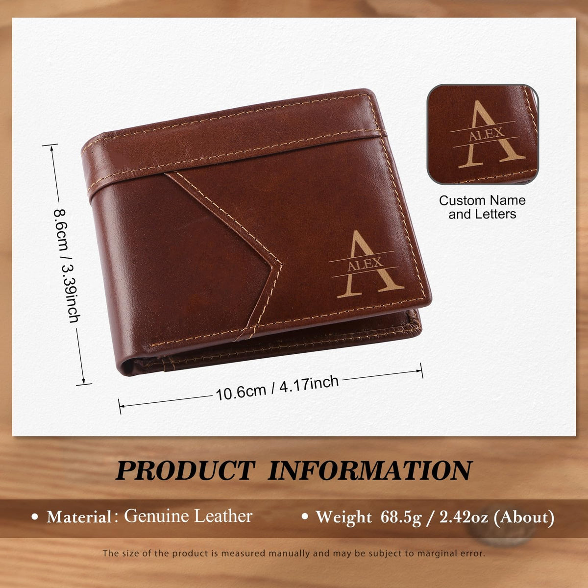 MirthfulMemento Custom Wallets for Men - Personalized RFID Genuine Leather Wallet for Men Engraved Name & initial Wallet, Dad Gifts for Fathers Day (Brown)