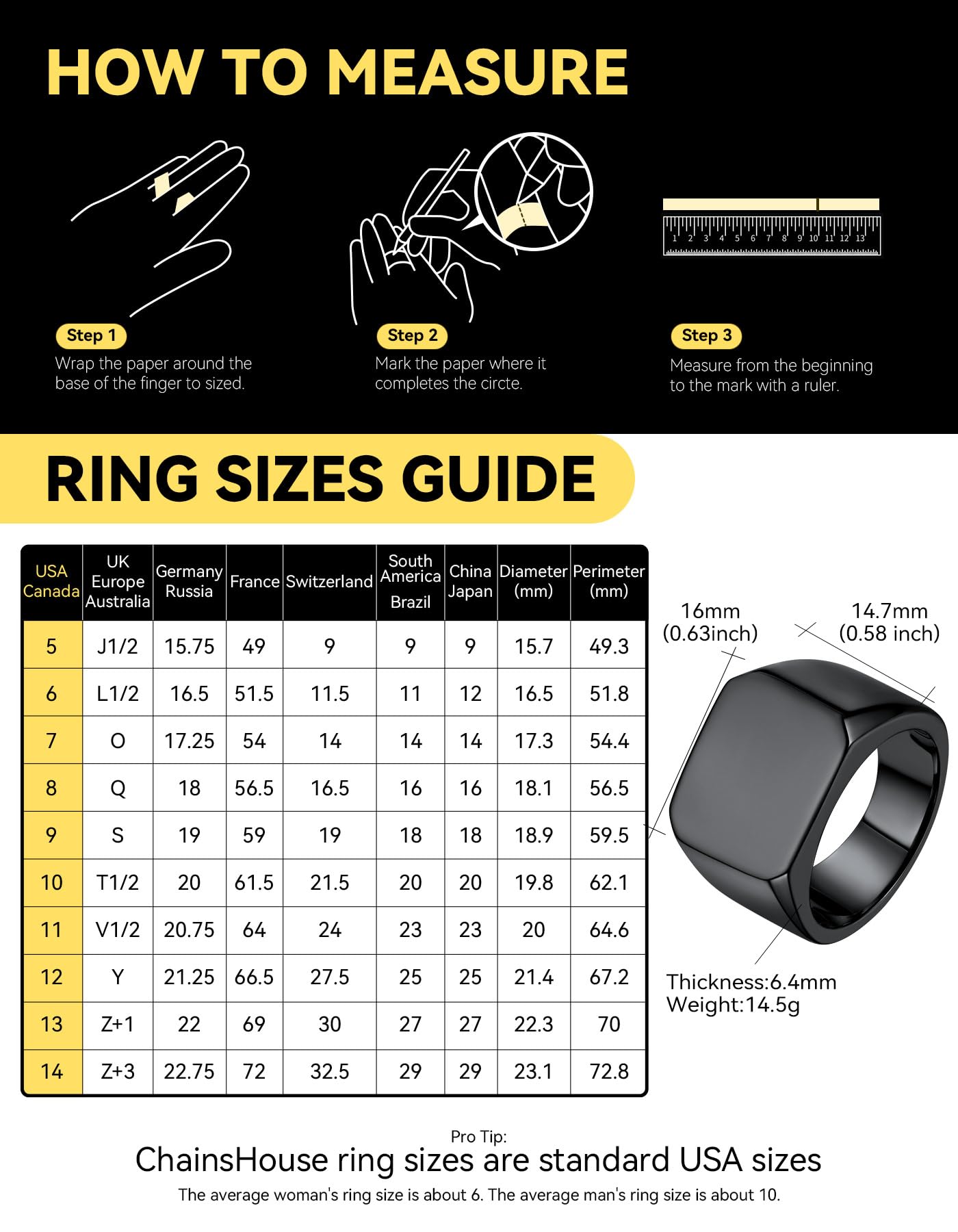 ChainsHouse Black Signet Rings for Men Women Solid Polished Stainless Steel Biker Ring Gift for Dad Size 9