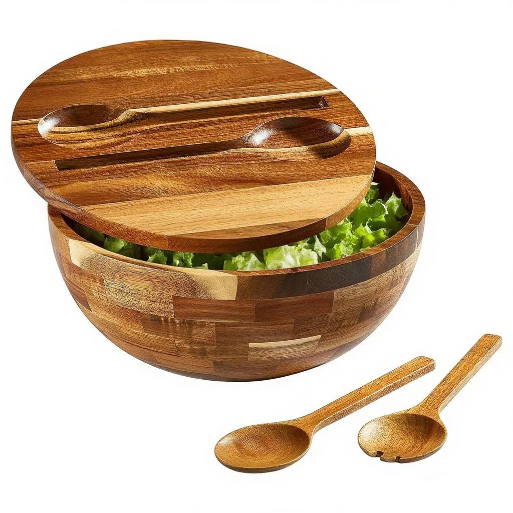 JOYMAY Salad Bowls Wood Salad Bowl Set with Lid 11.8 Inch Large Wooden Bowls Set Acacia Wood Serving-Bowl with Serving Utensils Bowl for Kitchen, Dining, Party