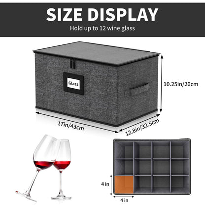 Aokeyee 2-Pack Wine Glass Storage Box with Dividers, Hard Shell Stemware Case Holds 24 Crystal Glasses & Drinkware, for Moving & Protection, Grey