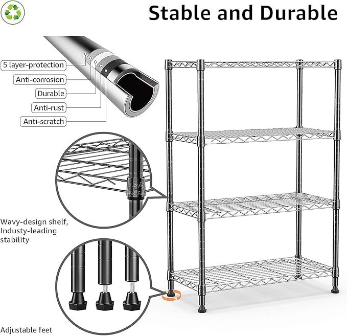 Xcity Storage Shelves, 4 Tier Heavy Duty Metal Shelving Unit, 1600 LBS Capacity Adjustable Steel Wire Shelf Organizer for Pantry, Kitchen, Garage, 14" D x 36" W x 54" H, Black